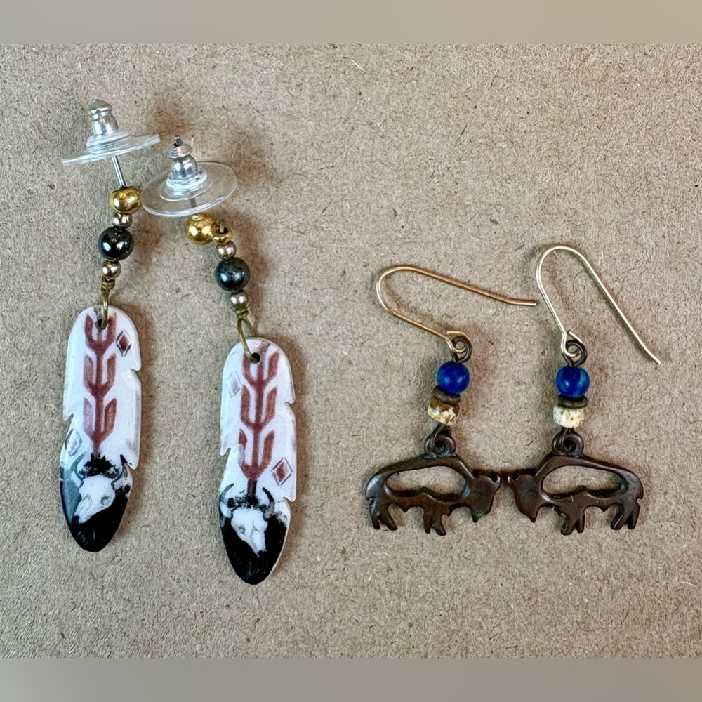 VTG Black Hills Southwestern Earring Set - Buffalo & Feather Boho Lot